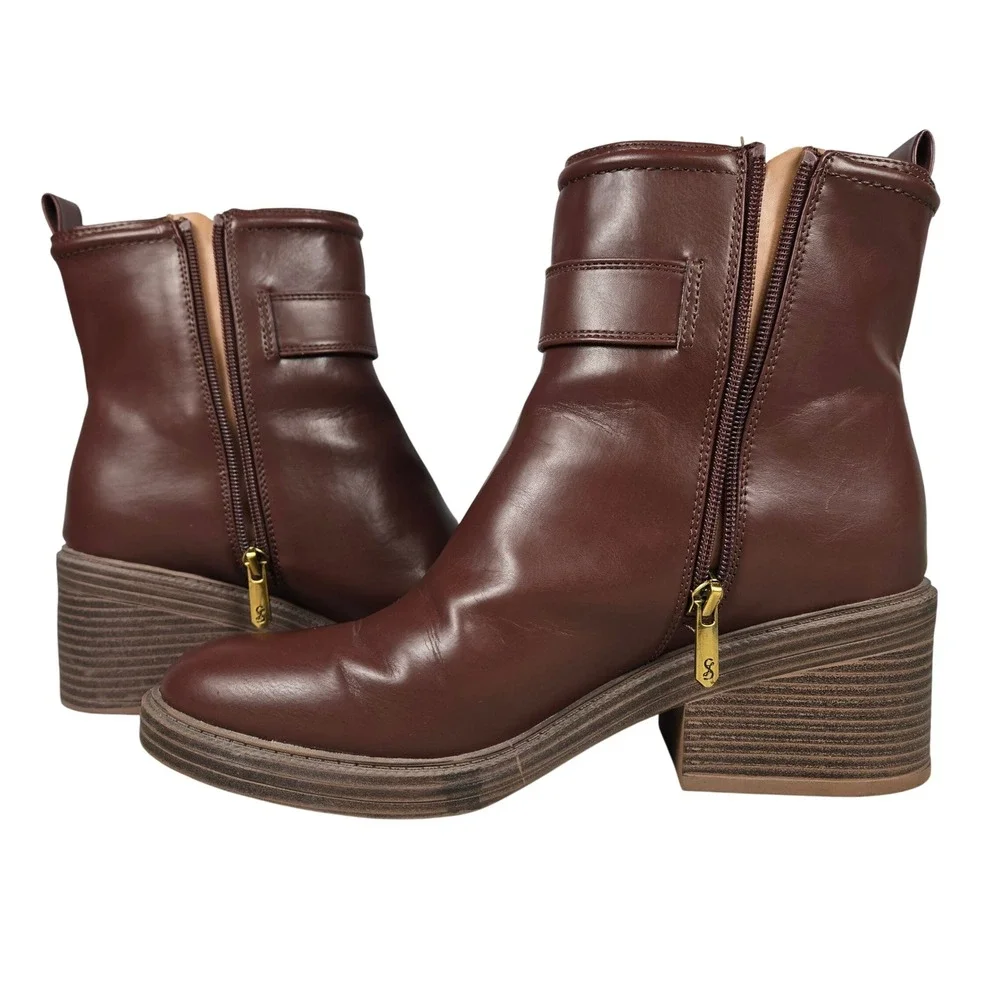 Sam & Libby Natalia Brown Faux Leather Buckle Stacked Heel Ankle Boots 9.5M
